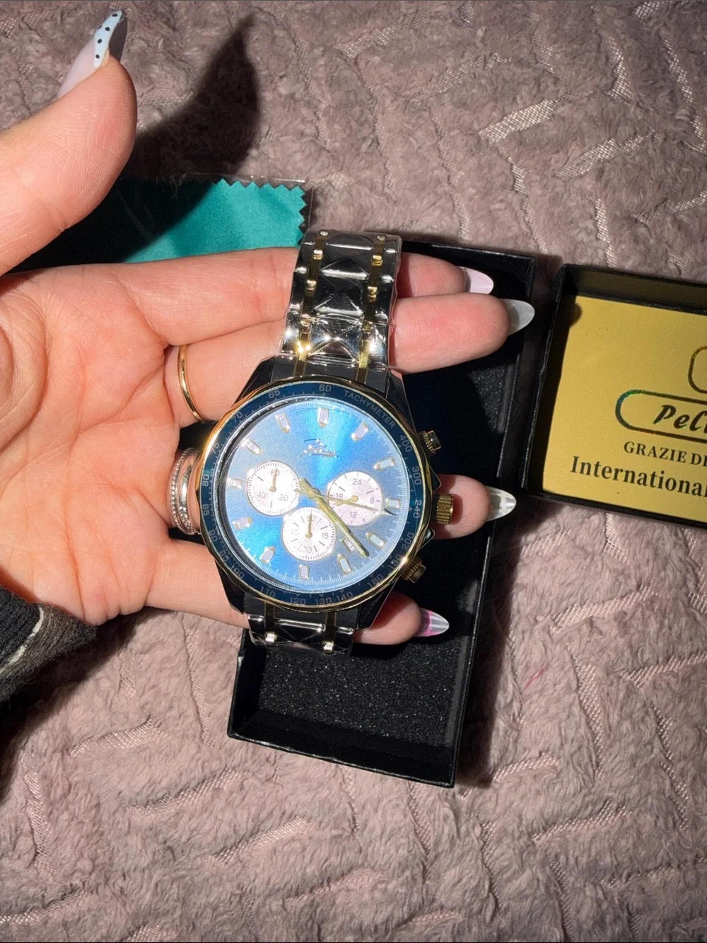 Blue Dial Gold-Tone Bracelet Chronograph Watch
